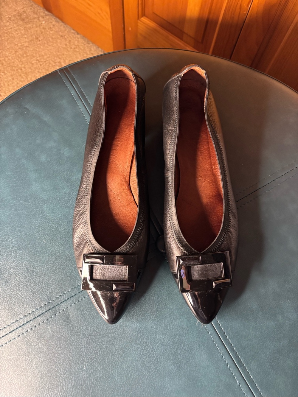 Black Pointed-Toe Women's Flats with Patent Buckle Accent